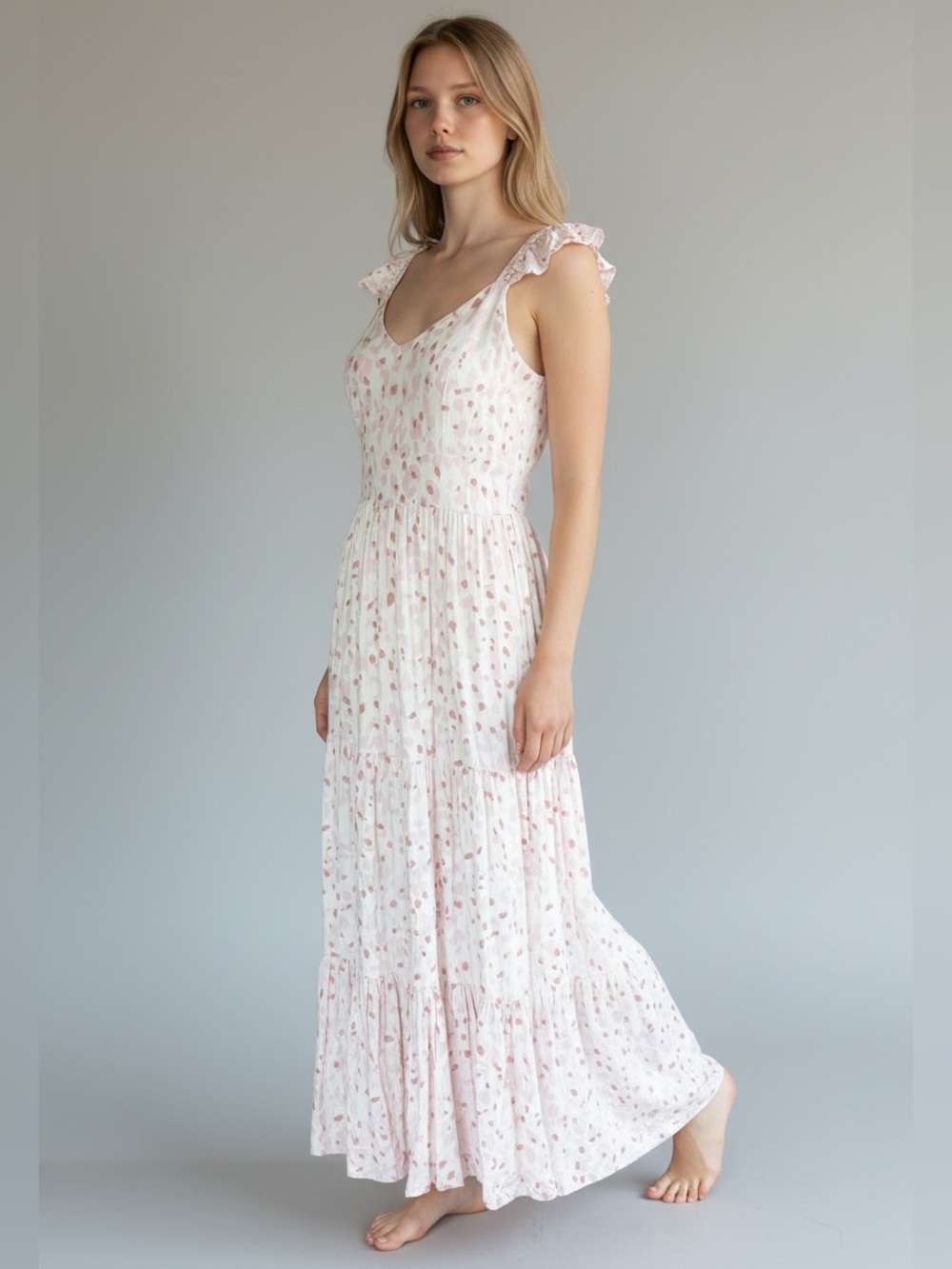 Blush Pink Printed Tiered Maxi Dress